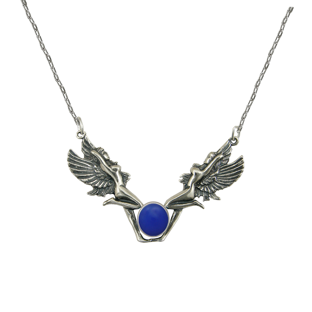 Sterling Silver Double Fairies Necklace With Blue Onyx